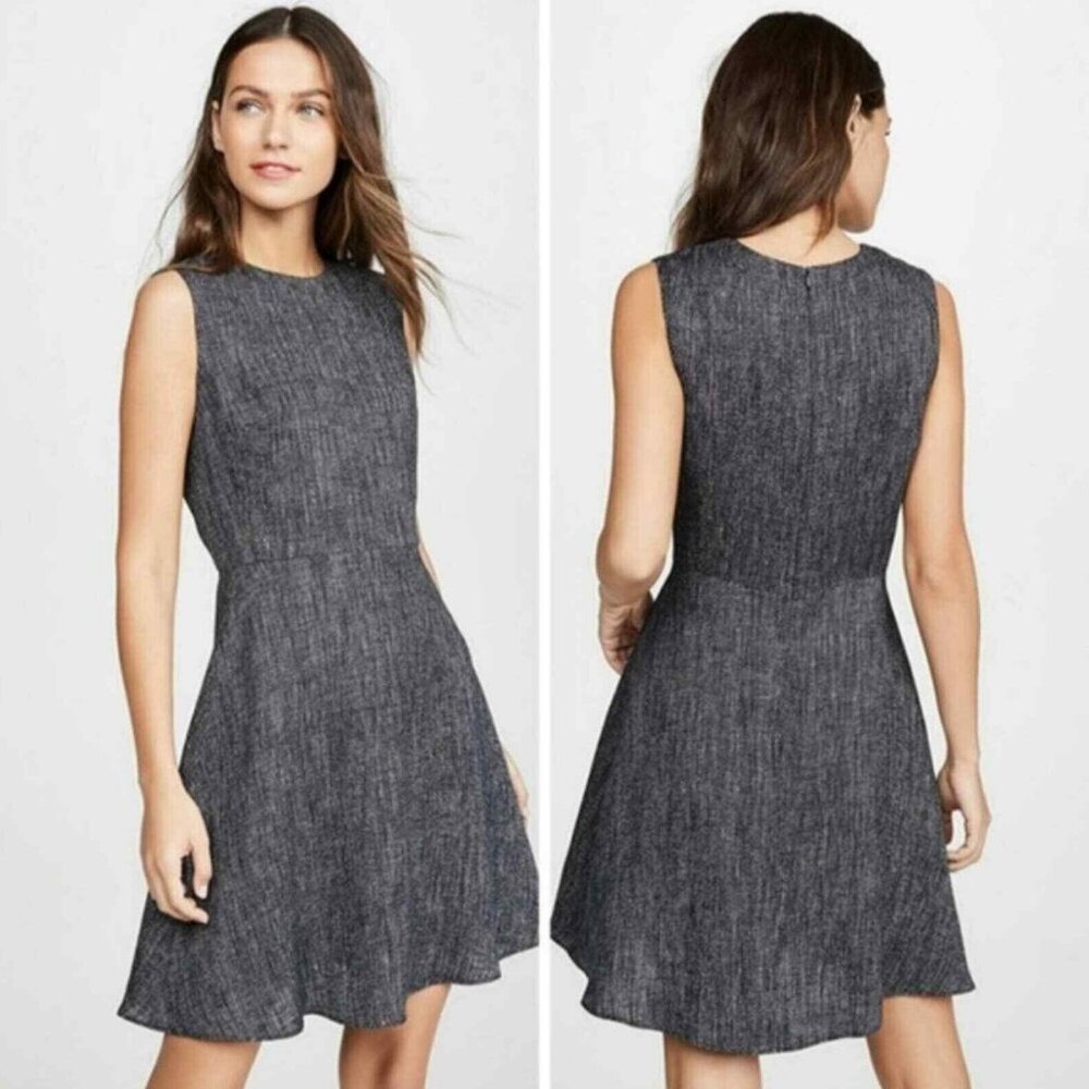 Theory Dart Mini Midi Dress In Herringbone Linen Fit & Flare Formal Work Office - Picture 1 of 11